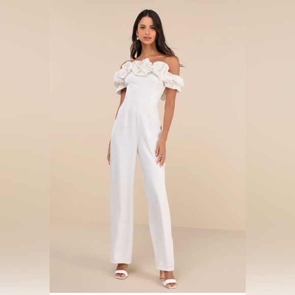 Lulus Pants - Lulus Immense Glamour White Satin Ruffled Off-the-Shoulder Jumpsuit XL New